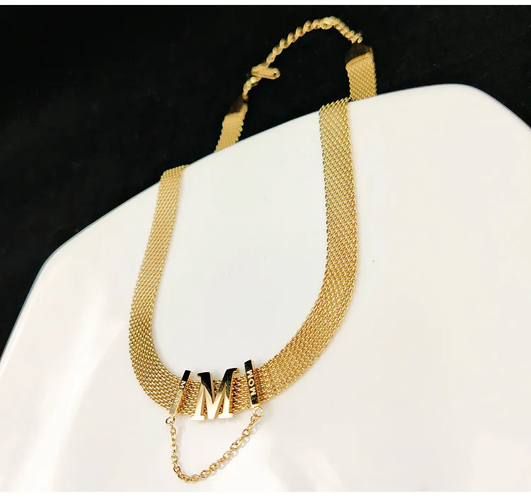 

RFJEWEL 2021 New Style Titanium Steel Gold Plated Simple Letter Choker Necklace Alphabet M Chain Tassel Necklace Women
