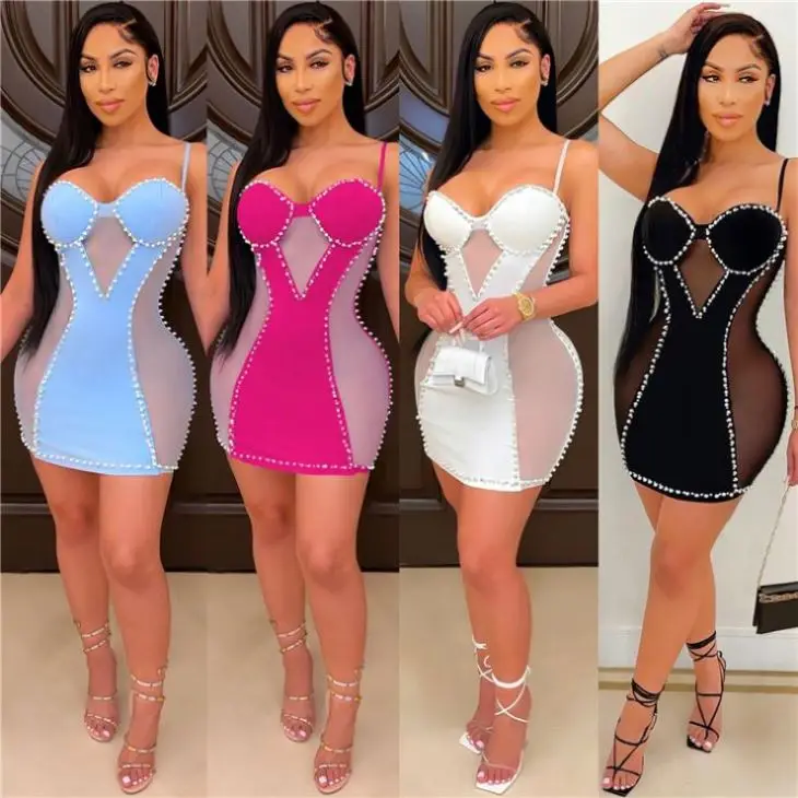 

CATHY Good Style Spaghetti Strap Drilling Vestido de dama Party Dresses 2021 Women Sexy Casual Mini Dress