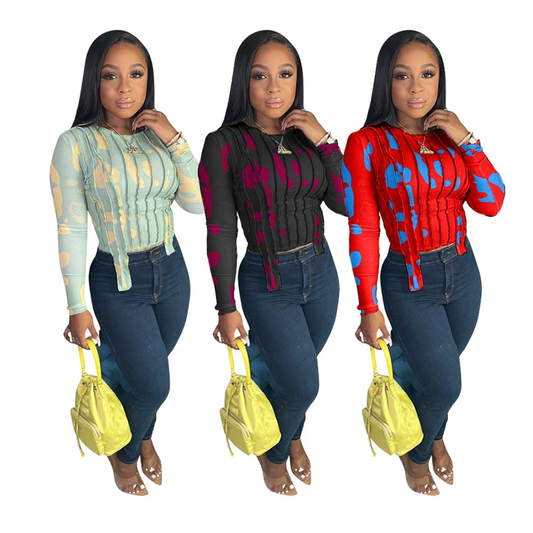 

L9057-woman tops fashionable long sleeve t shirt printed women crop top