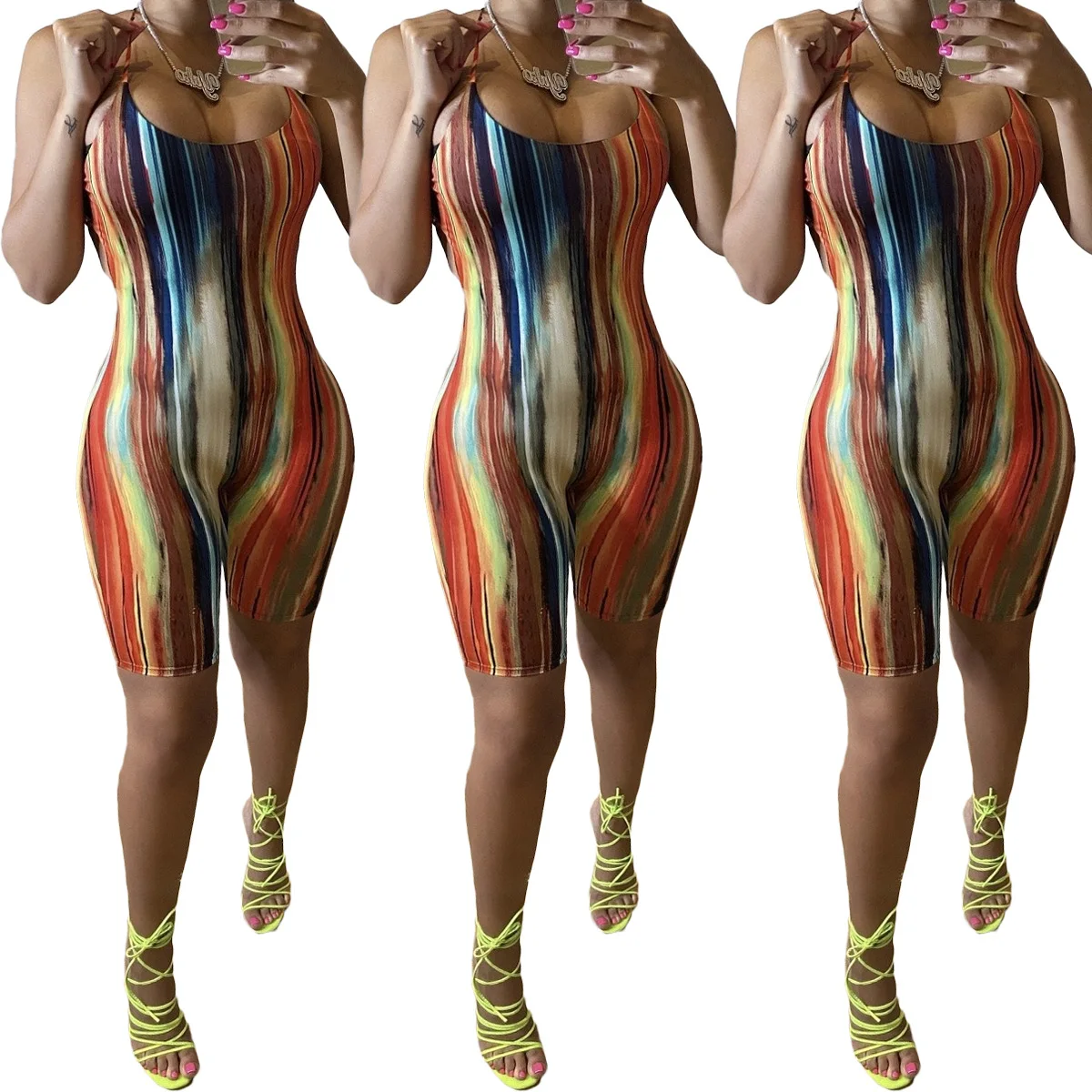 

2022 Tie Dye Wholesale New Style Halter Backless Shorts Sexy Playsuit Summer Bodycon Women Stripe Jumpsuit, Picture