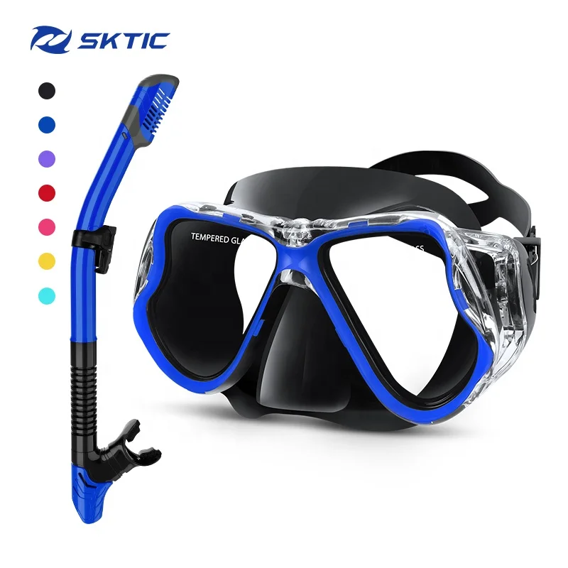 

SKTIC High Quality Black Blue Silicone Scuba Diving Snorkel Mask Set Dry Top Best Diving Set Diving Equipment Mask For Adults