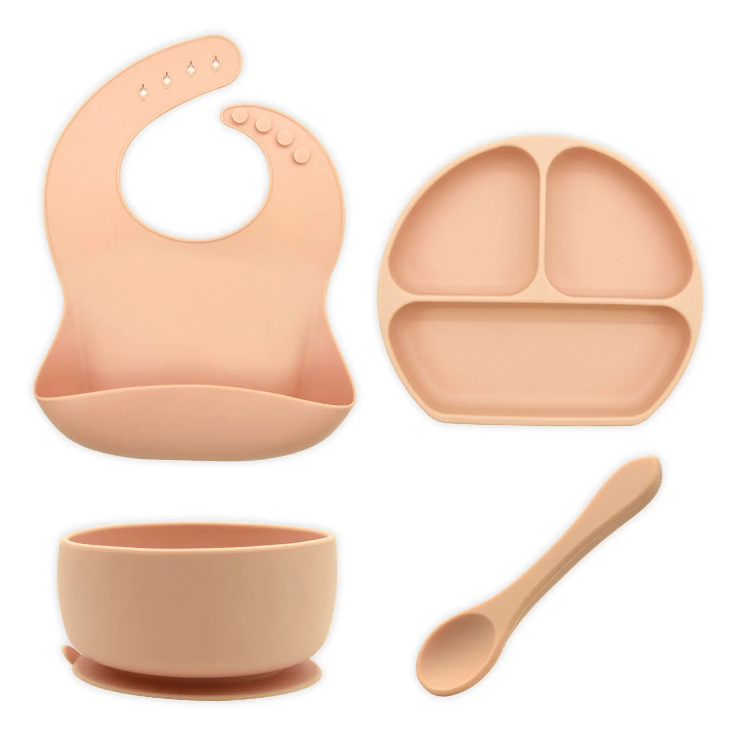 

BPA Free Non-Slip Divided Toddler Plate Baby Bib Training Cup Spoon First Stage Self Feeding Set Suction Silicone Baby Bowl, We can do all colors from pantone sheet