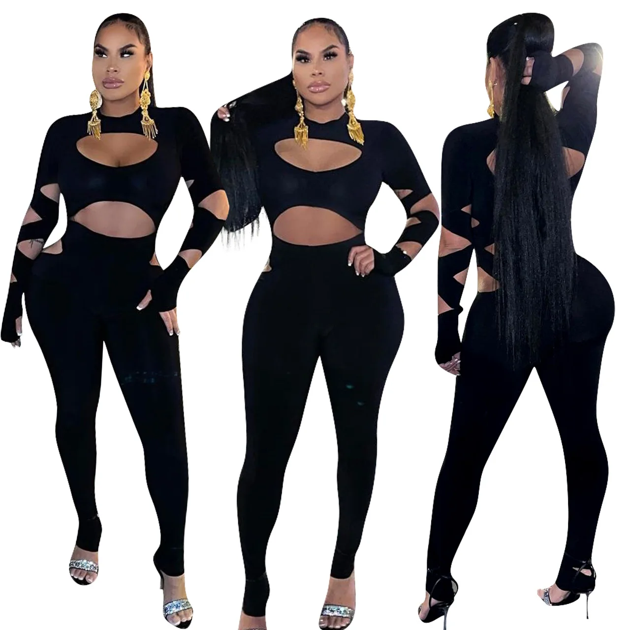 

2021 New Arrivals Nightclub Long Sleeve Tight Jumpsuits Sexy Hollow Out Bodysuits For Women