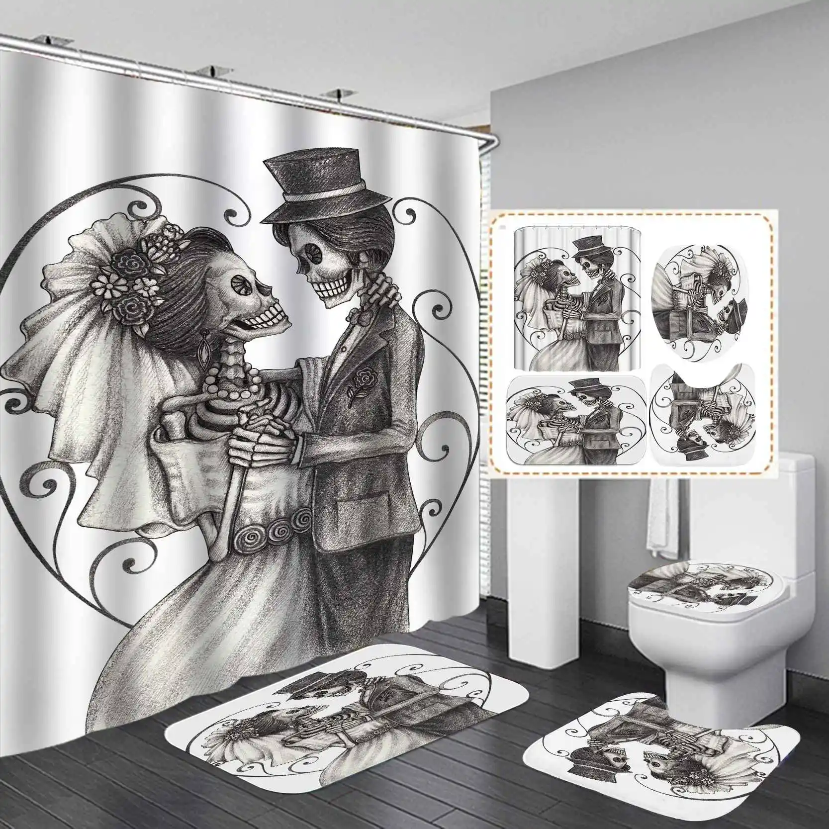 

2021 New water proof high quality halloween terror skull shower curtain set for bathroom