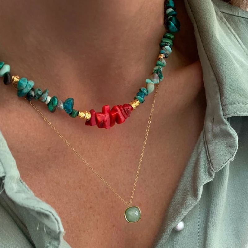 Irregular Chrysocolla Red coral Mixed Necklace Man Women Retro Charm Short Accessory Gift