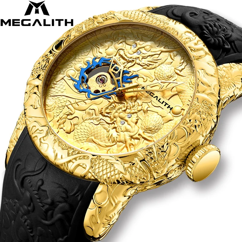 

2020 MEGALITH Mechanical Mens Wristwatch Relievo Dragon Water Assistant Timepieces Chinese Feature Watch Rubber Relojes Hombre
