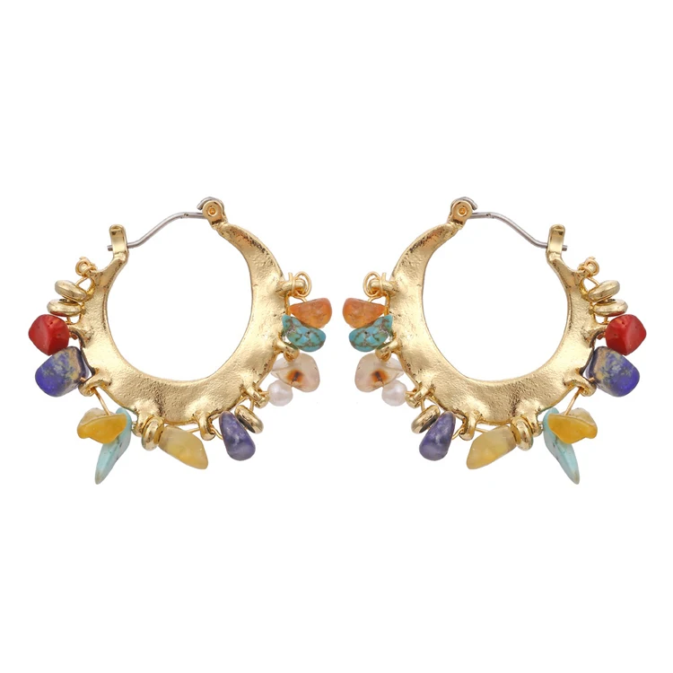 

Exaggerated ethnic style geometric colored gravel hoop earrings Bohemian handmade beaded pearl earrings female