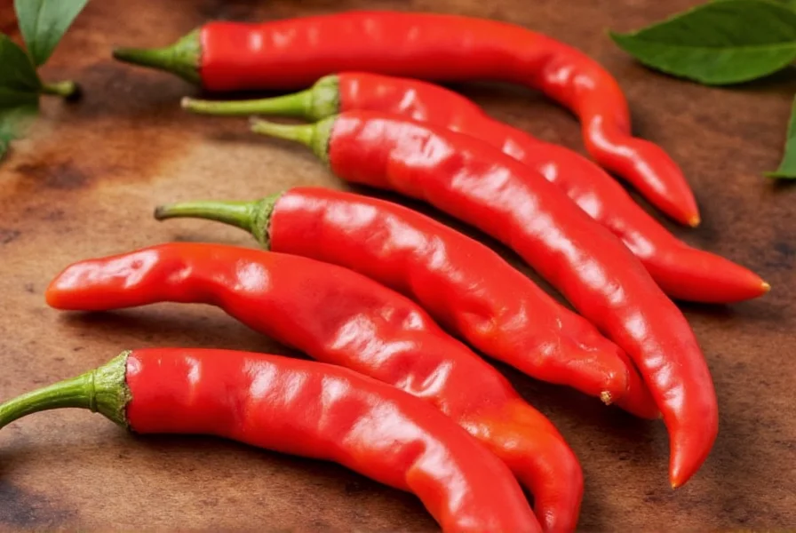 Various cayenne pepper products including dried whole peppers, powder, and sauce bottles arranged on wooden table