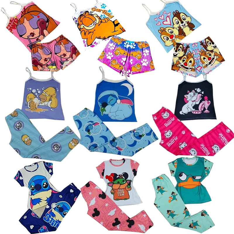 

Womens 2 piece cartoon pajamas short sleeve long pants sets