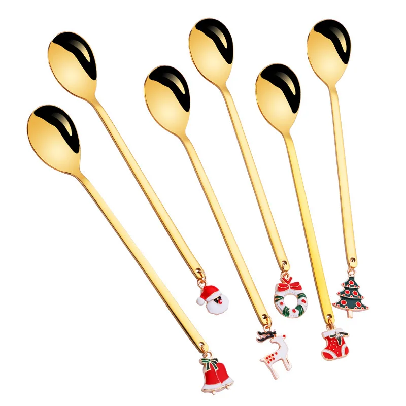 

6PCS Stainless Steel Spoon Set Christmas Coffee Spoon Ice Cream Soup Sugar Dessert Teaspoons Mixing Stirrer Kitchen Tableware