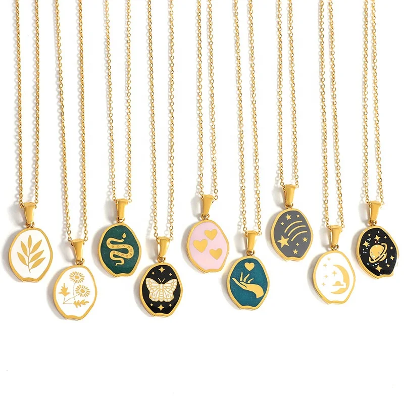 

Personalized Jewelry 18K Gold Plated Stainless Steel Star Butterfly Snake Daisy Leaf Moon Saturn Planet Pendants Enamel Necklace