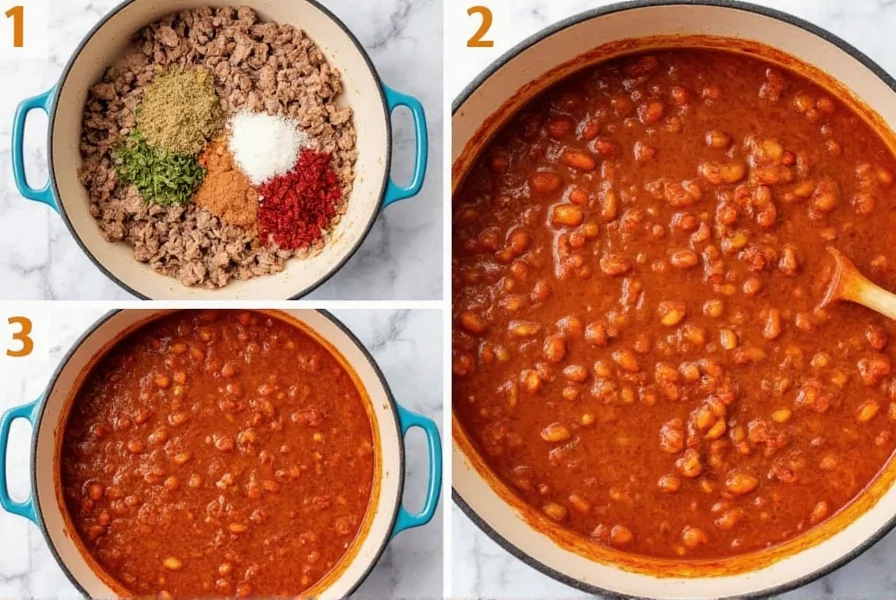 Step-by-step easy chili cooking process showing browning meat, adding ingredients, and final simmered chili in a pot