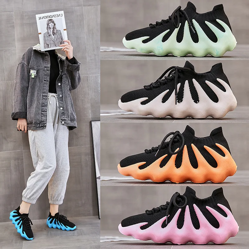 

2022 New Solid Color Mesh Sneakers Women's Front Lace Up Octopus Flame Sneakers Knit Casual Shoes, Picture shows