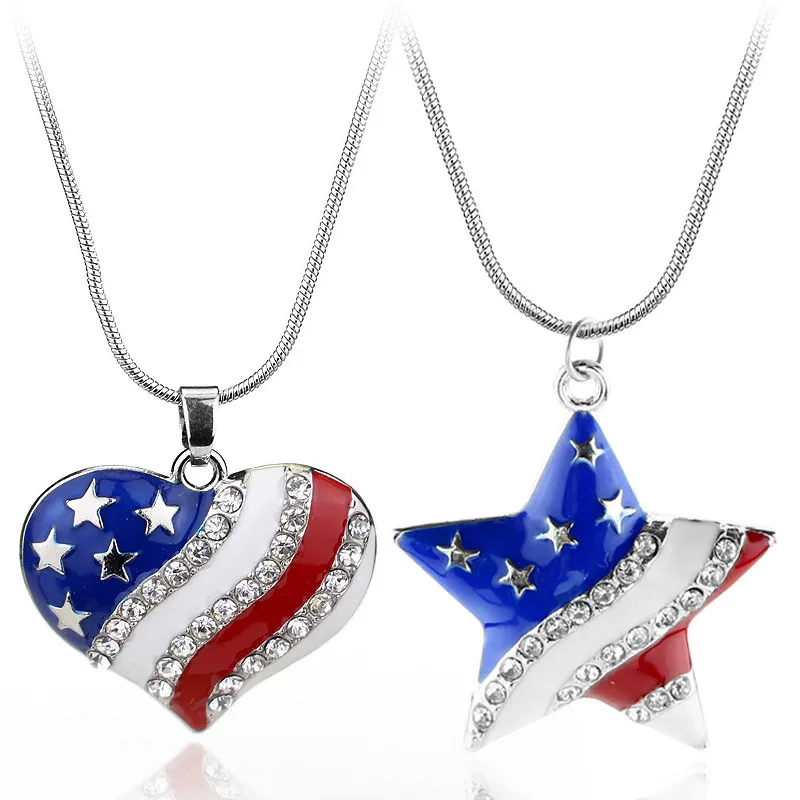 

4th of July Independence Day American USA US Flag Star Heart Pendant Charm Necklace, Silver