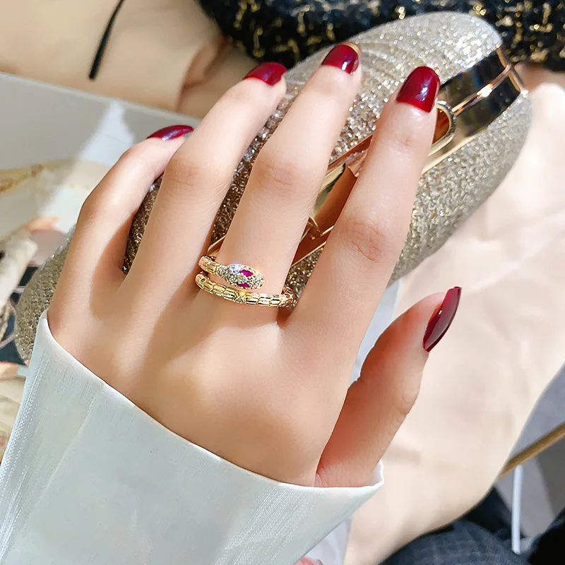 

2021 trendy red crystal adjustable womans gold snake ring