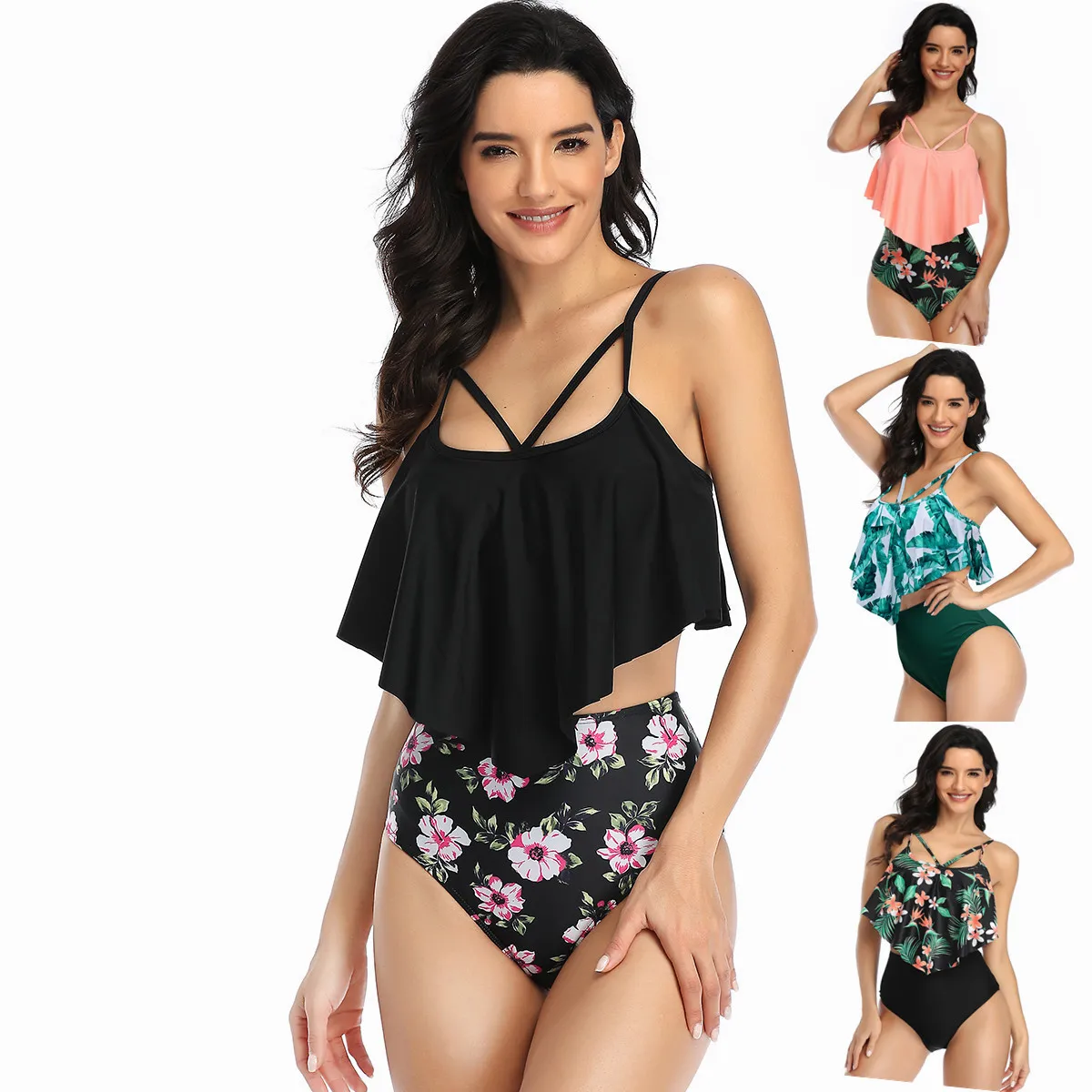 

2021 Spring New Swimsuit Female High Waist Bikini Multicolor Ruffled Belly Split Swimsuit, Picture color