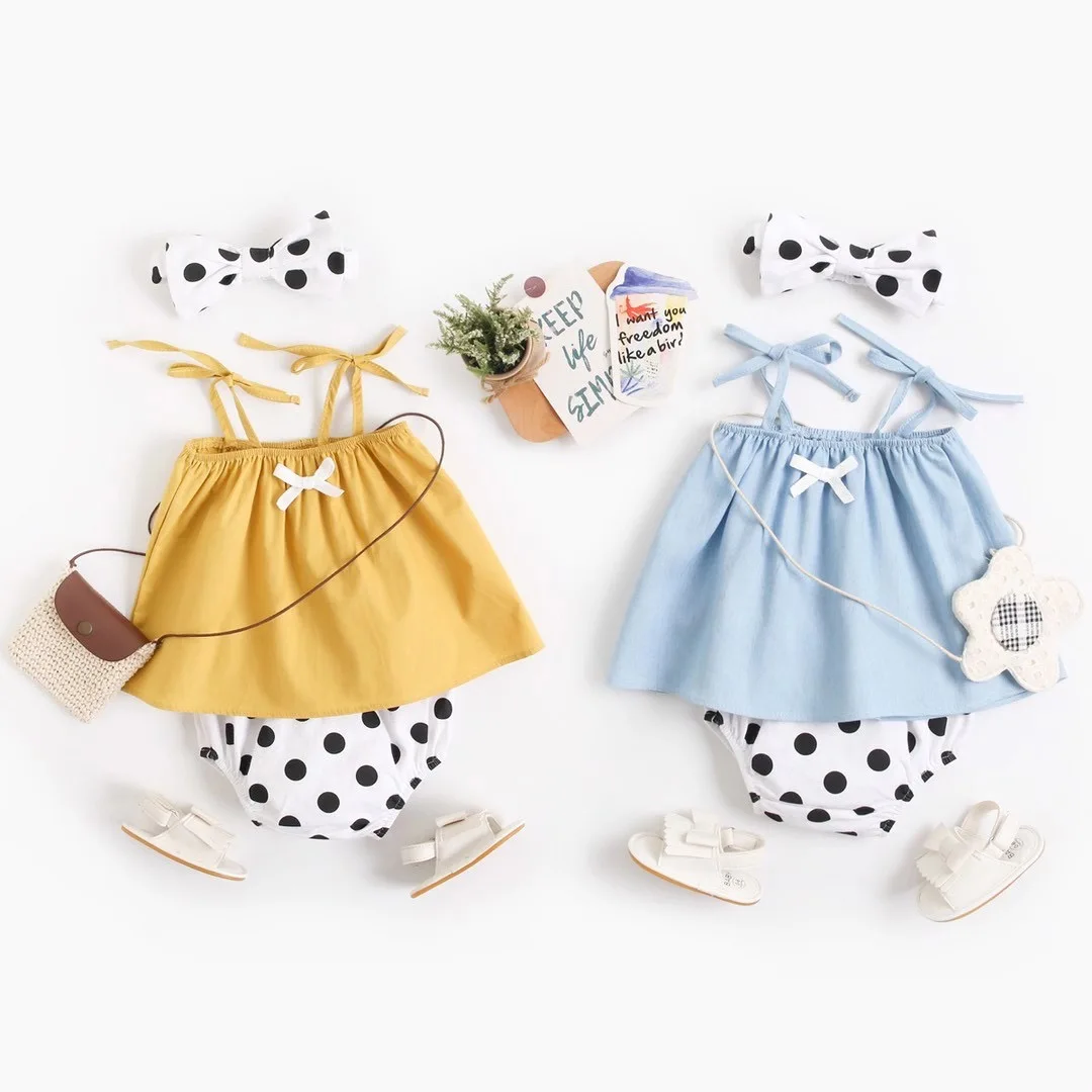 

Summer Baby Clothing Infant Newborn Clothes Polka Dot Bloomer 3Pcs Sets Outfits