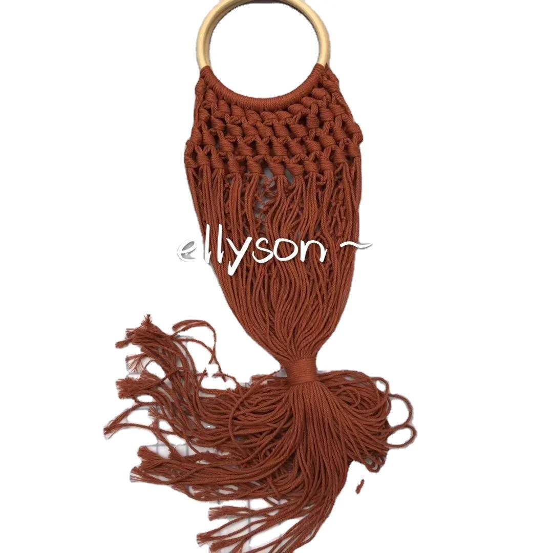 

Tote Purse Hollow Out Wooden wrist cotton thread Bag Handmade Woven Straw Beach Bag, Black