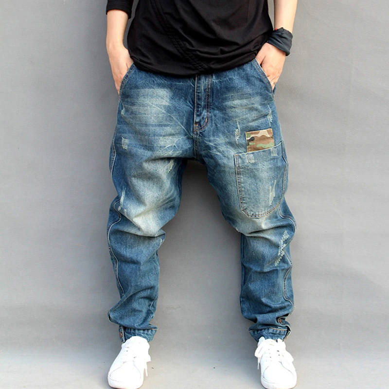 

Wholesale Personalised Logo Plus Size Baggy Big Elastic Hip Hop Jeans for Men Loose Harem Trousers Ripped Men Jeans Denim Pocket