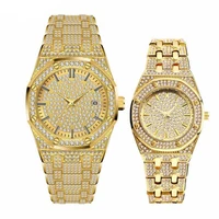 

Blues Top Luxury Brand Fashion 18K Gold Full Diamond Decorated Women's Men's Quartz Waterproof Iced Out Couple wrist Watch Set