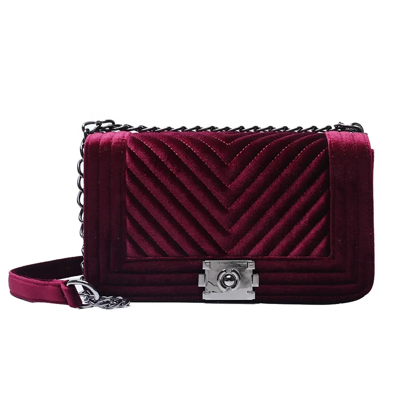 

2020 Winter Luxury Velour Ladies Handbags Metal Chain Cross body Shoulder Women Mini Velvet Bags