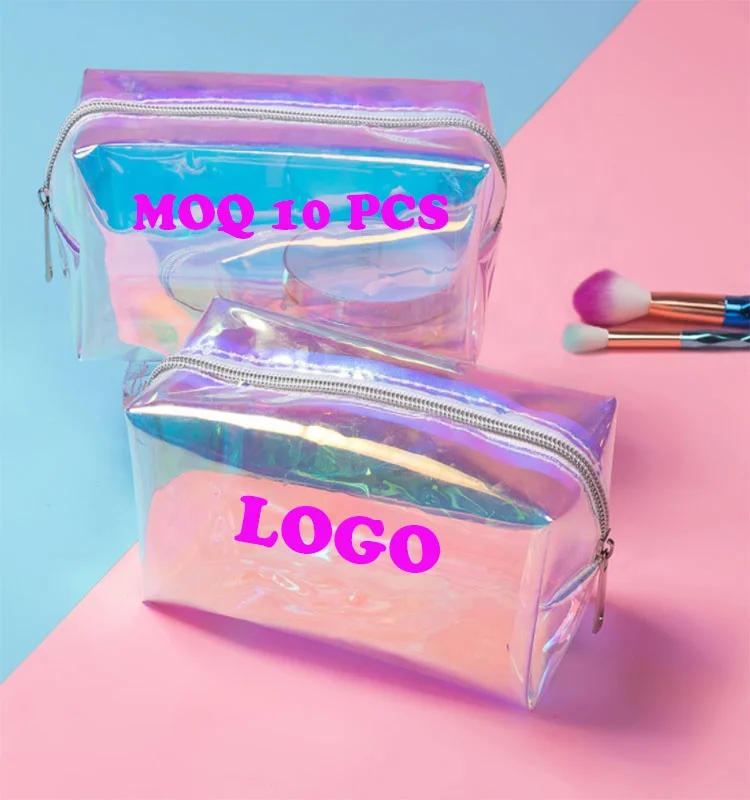 

Custom logo pink clear travel holographic brush makeup cosmetic bag, 1 colors