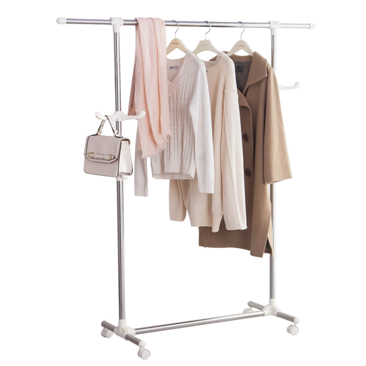 

BAOYOUNI Stainless Ateel Adjustable Telescopic Single Pole Hangers Balcony Shelves Clothes Dryer Movable Rack Stand With Wheels, Ivory