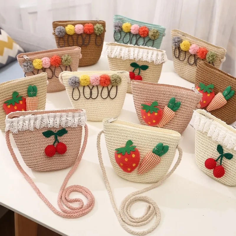 

Fashion Summer Children Straw Messenger Bag Keys Coin Purse Cute Princess Mini Girls Purse Kids Handbags