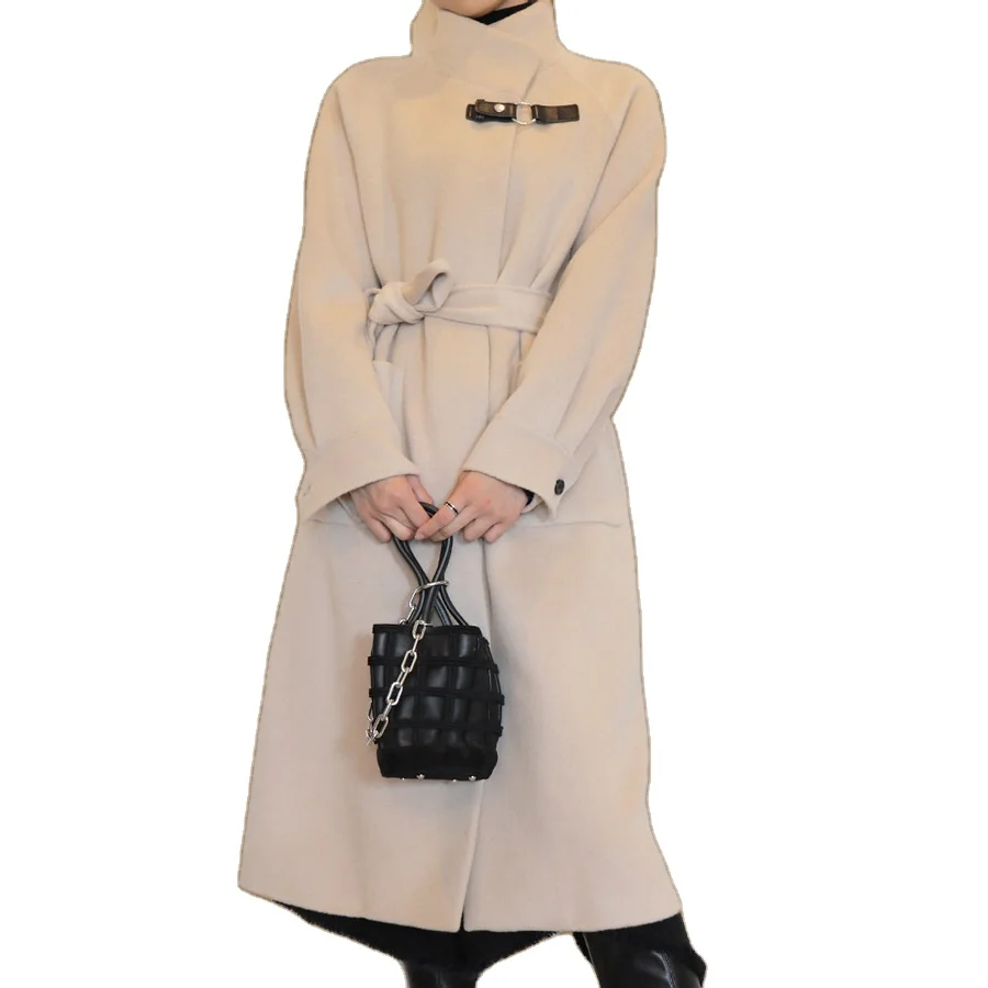 

2021 Handmade Fashion Wool Coat Ladies Cashmere Belt Solid Color Maxi Long Women Winter Clothes, Beige or custom color