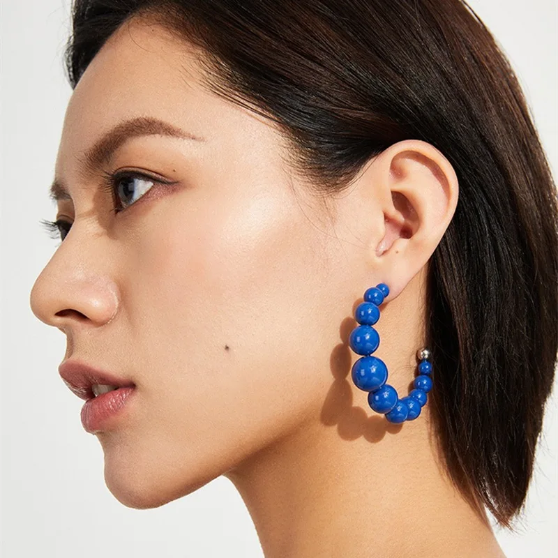 

New simple blue beads C-shaped showing face thin temperament earrings fashion net red personality earrings