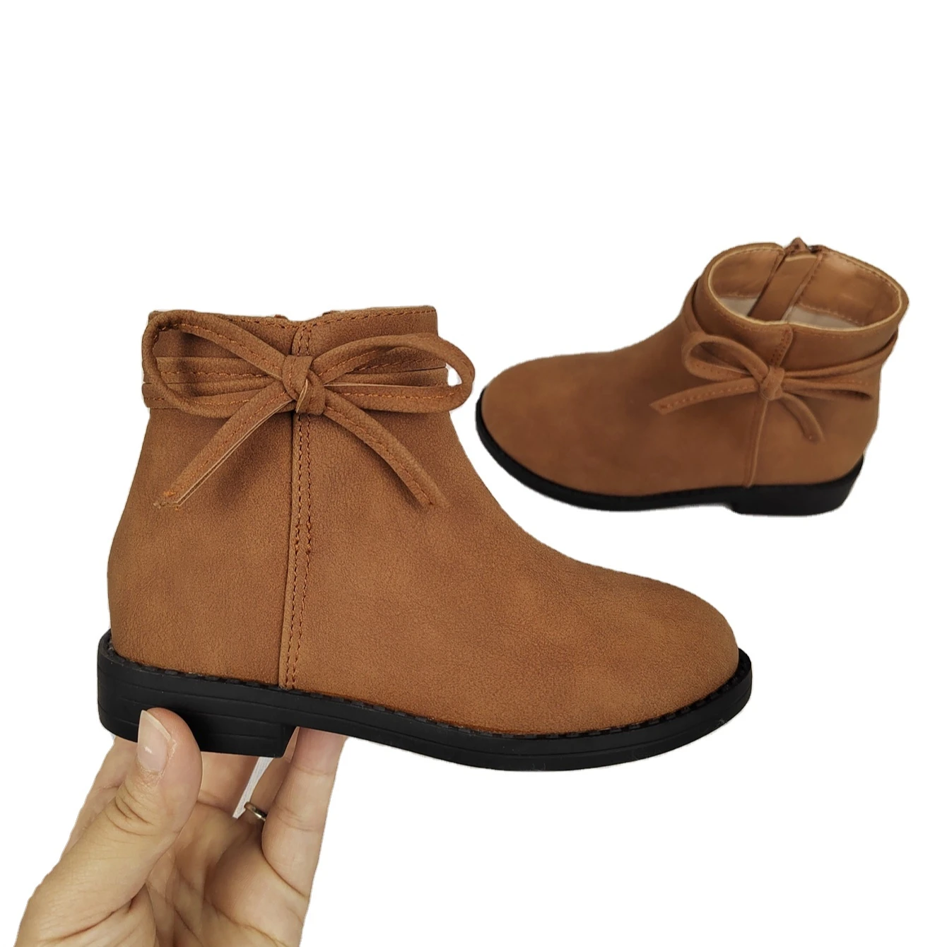 

Children's girls boots fashion simple glossy design bow decoration fashion simple side zipper girl's boots, Brown