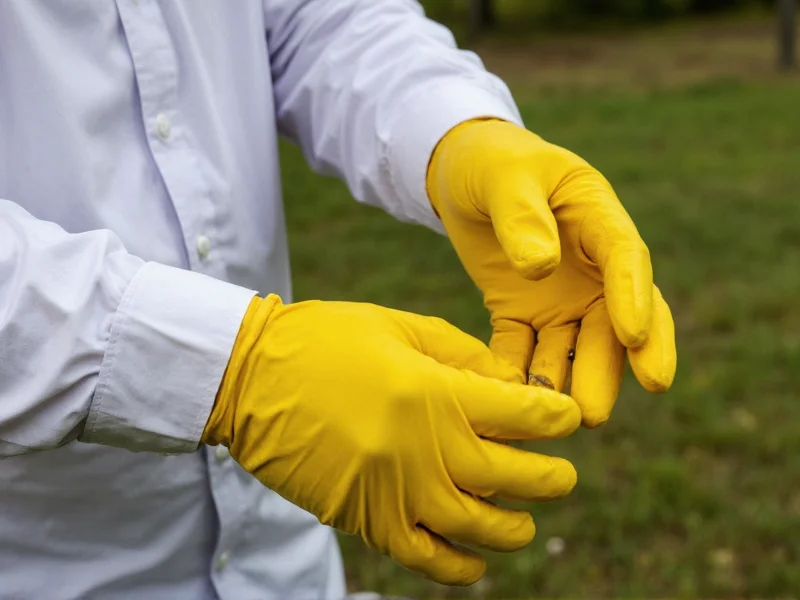 Yellow jacket trap safety precautions with gloves and long sleeves