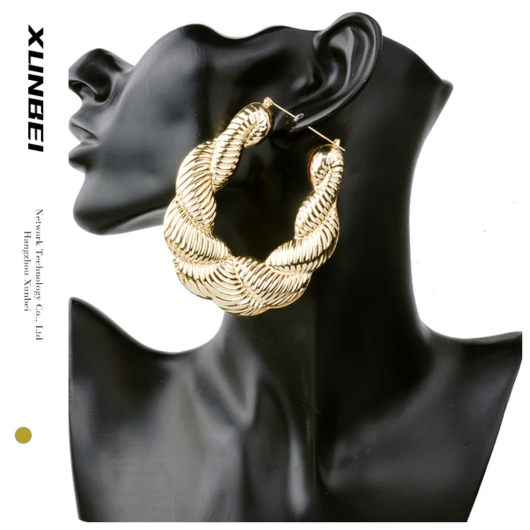 

2021 fashion trendy Hip hop clip on jewelry exaggerated big hoop gold plated bamboo twisted earrings for women, Accept customization