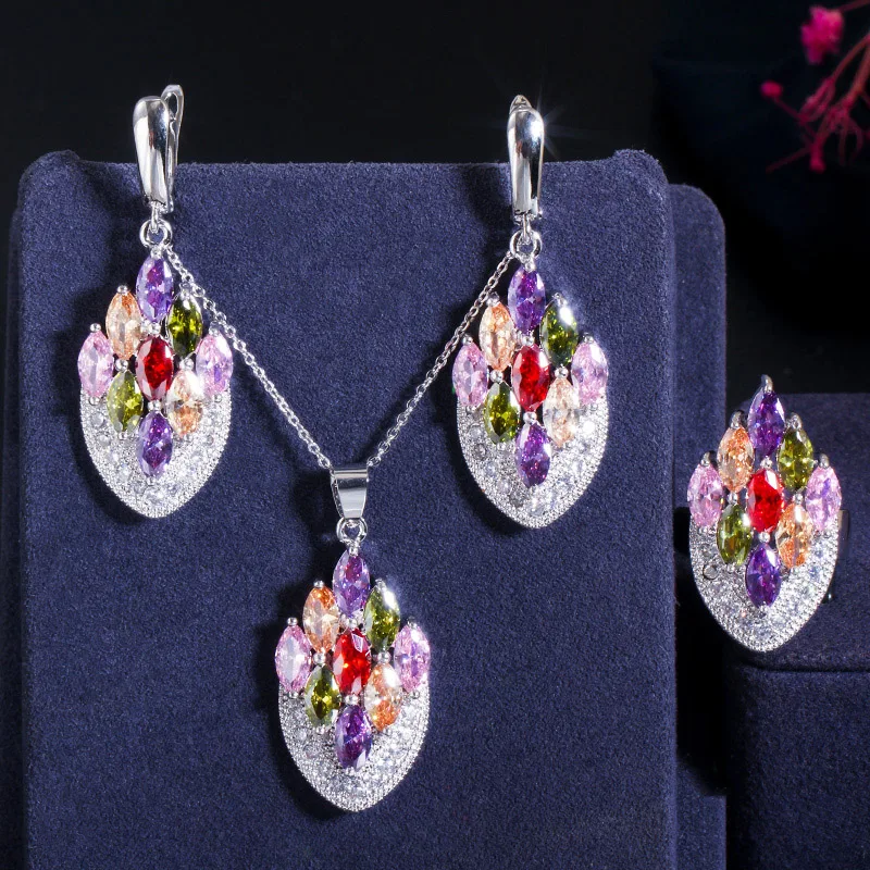 

Artistic Vintage Cubic Zircon Jewellery Colorful CZ Crystal Big Drop Earrings Ring and Pendant Necklace Set for Women Travel