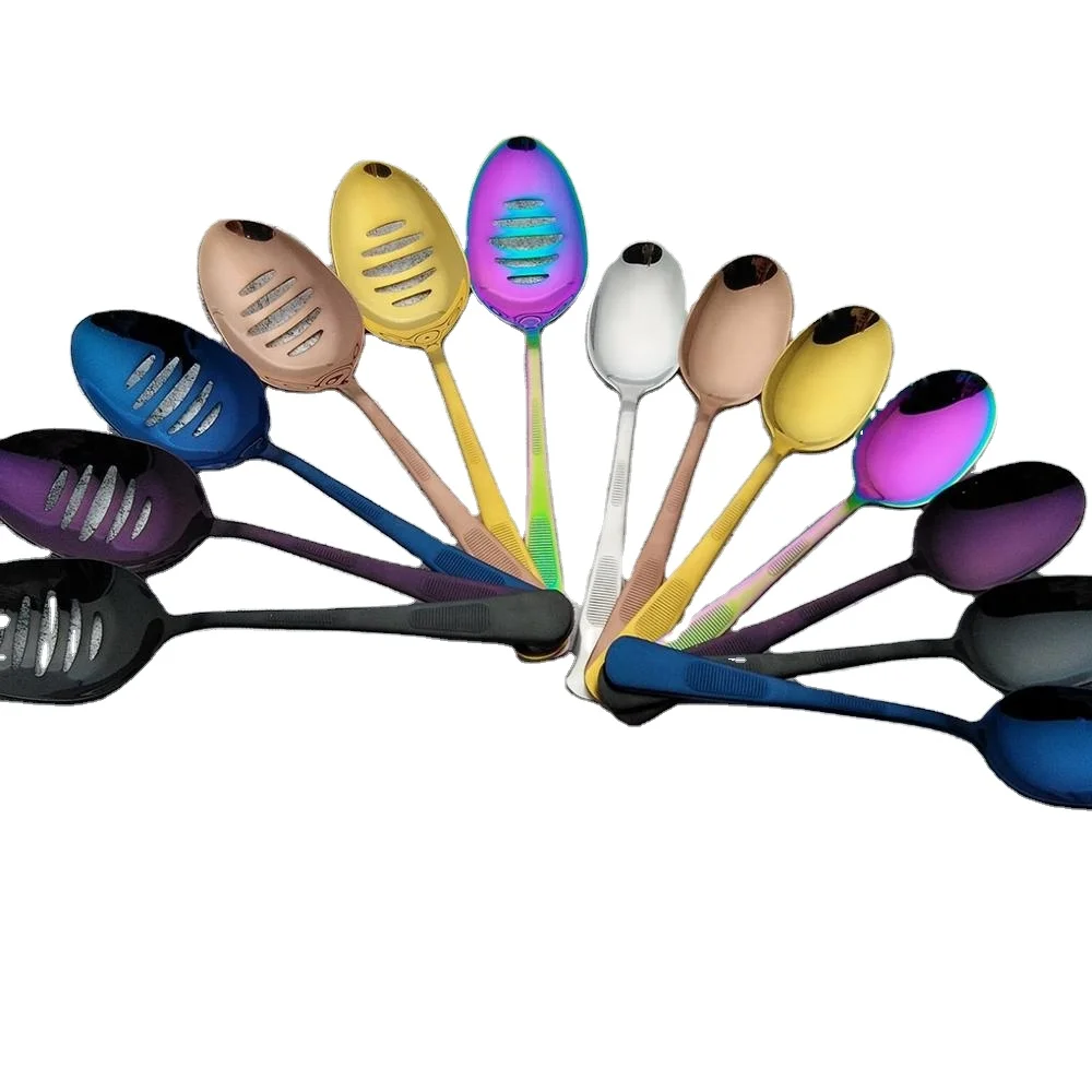 

amazon top seller tasting long Christmas cutlery set slotted spoon soup spoons stainless steel serving spoon, Silver, gold, rose gold, black, rainbow, blue, purple