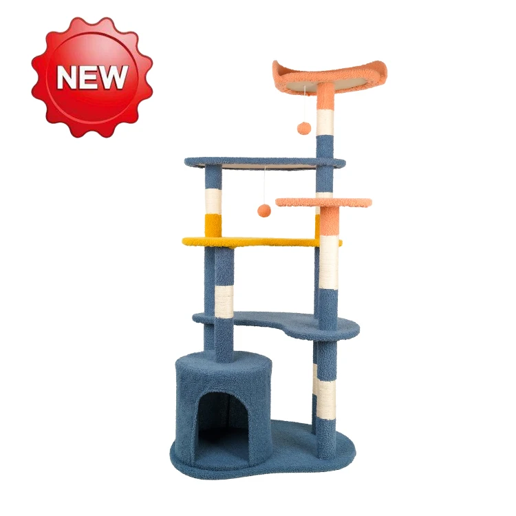 

Luxury Modern Design Pet Furniture Large Sisal Wooden Big Scratcher Post Climbing Condo Tower Cat Tree House For Cat, Blue&orange&white