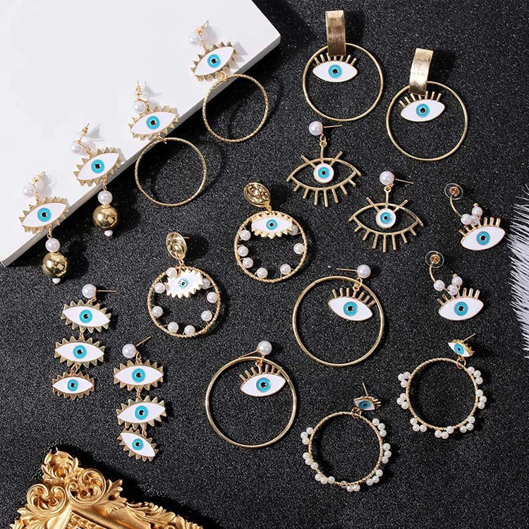

New Fashion Pearl Round Hoop Blue Eyes Earrings Dangle Pendant Eye Hoop Earrings, Picture