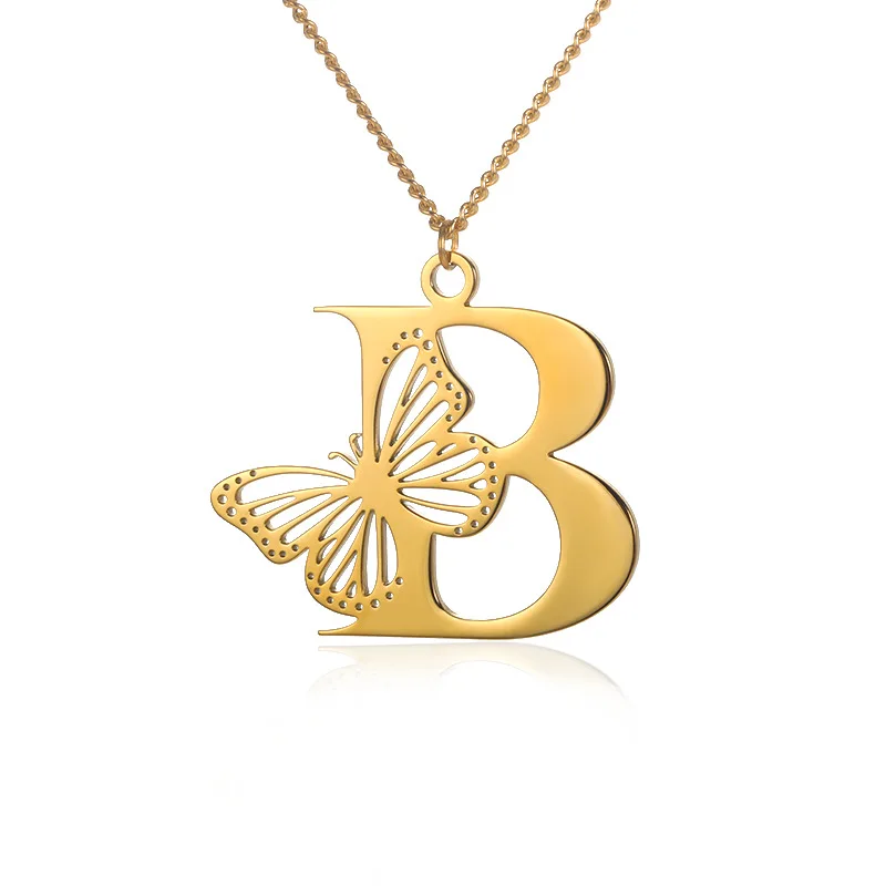 

New 18K Gold Plated Stainless Steel Butterfly Letter Pendant Necklace for Women 26 Alphabet Necklace with Hollow Butterfly