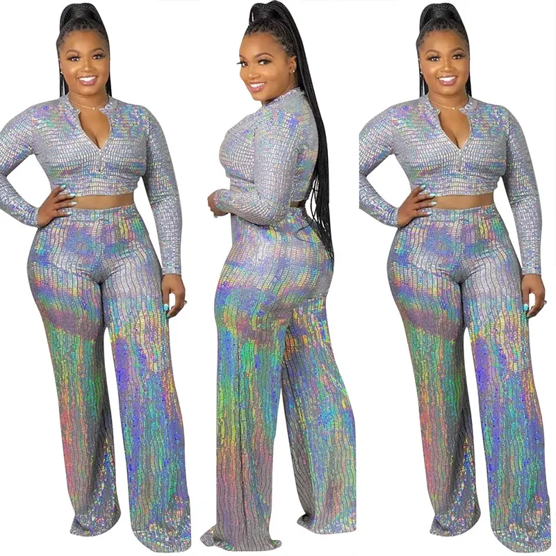 

Casual Striped Silver Sequin Two Piece Set