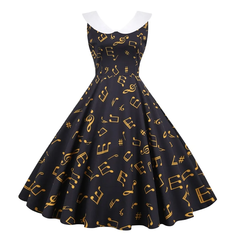 

Women Summer Floral Music Note Print Dress 50s 60s Robe Retro Swing Casual Vintage Sleeveless Party Dresses Vestidos Plus Size