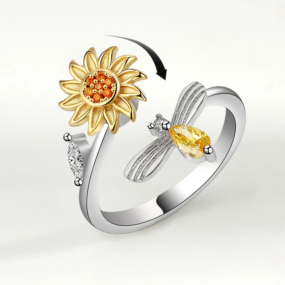 

Anillo Sunflower Bee Stress Relief Ring Anti Anxiety Butterfly Rings Open Spinning Fidget Rotatable Daisy Flower Rotating Ring