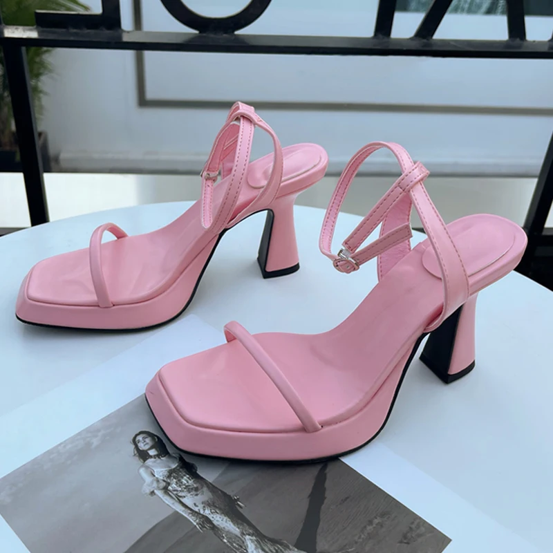 

Fashion Gladiator Sandals Women Thick Heels 2022 New Summer Hollow Square Toe Ankle Buckle Strap Office Lady Shoes