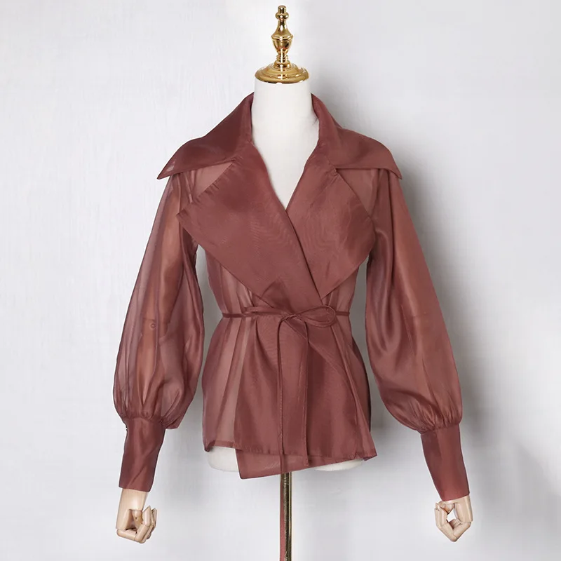 Solid color blouse 2020 spring and autumn new lapel lantern lantern long sleeves slim lace shirt women