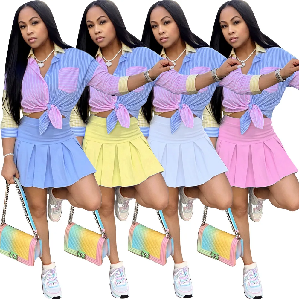 

Casual Women Three-quarter Sleeves Shirt Blouse Crop Top With Solid Mini Skirt Outfits Fashion Ladies Two Piece Sets, Blue,white,pink,yellow