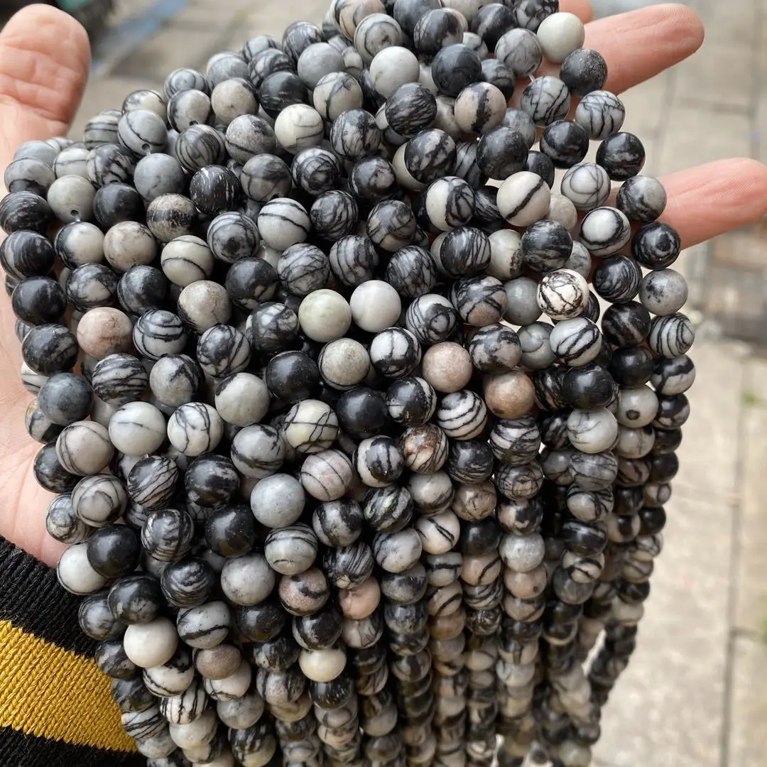 Natural Black Web Jasper Round Beads for Jewelry Making 15inches 8mm Beads
