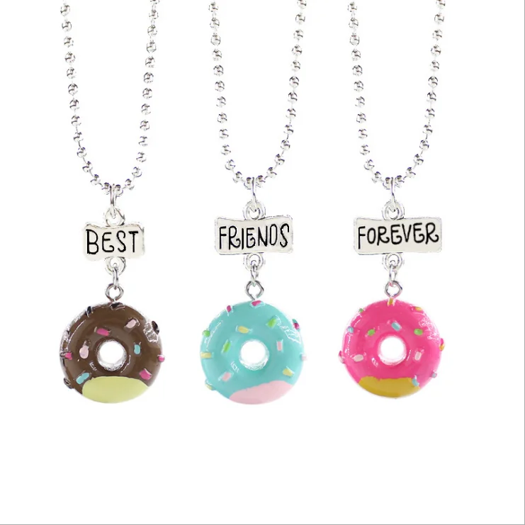 

3 piece sets Cute fancy children simulation resin food doughnut best friend forever necklace kids jewelry, Colors