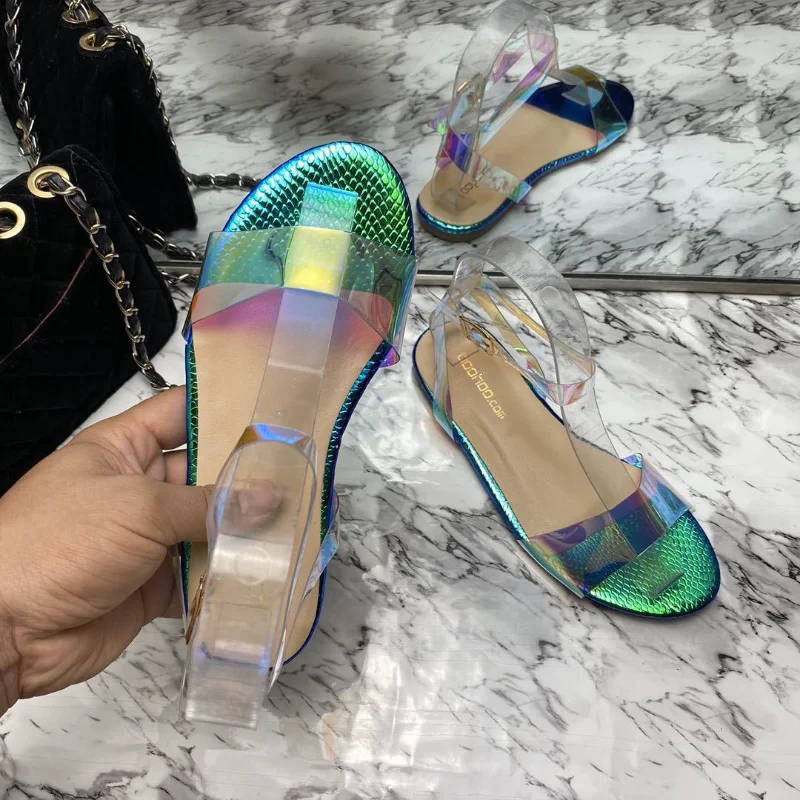 

Holographic snakeskin embossed ankle strap lady flats sandals summer fashion round peep toe sexy women shoes