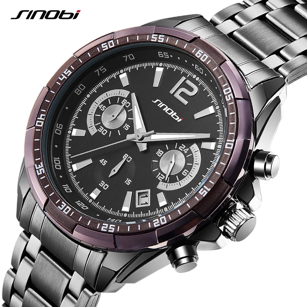 

SINOBI Mens Stainless Steel Watch S9696G Multifunction Wristwatch Chian Luminous Chronograph relojes para hombres