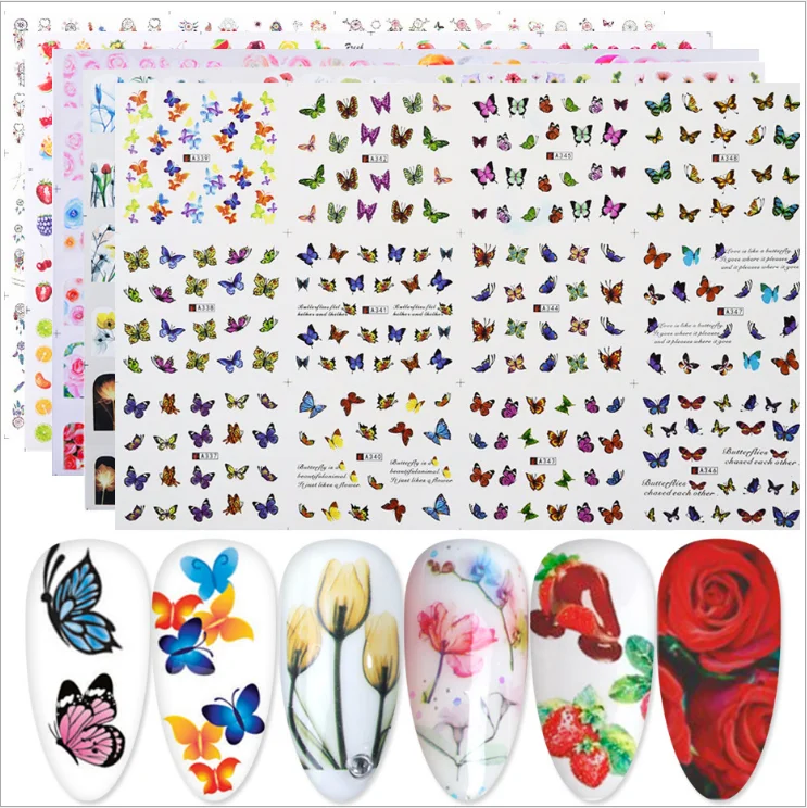 

Fashion Self adhesive Decoration butterfly rose fruits feathers cat custom nail stickers, More color