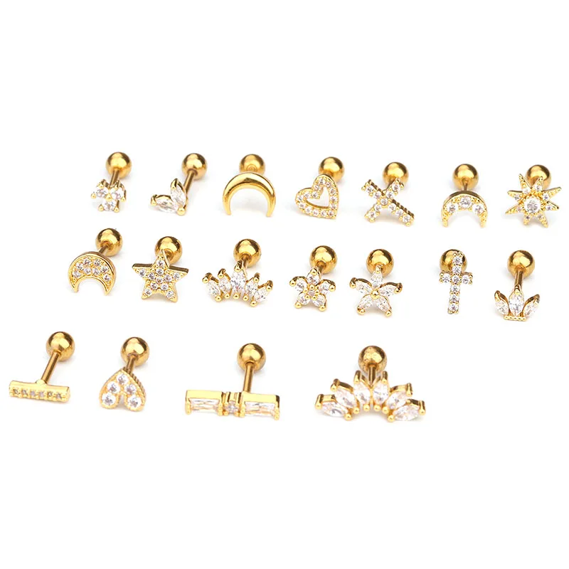 

16g Cz Crown Cross Heart Flower Star Moon Shape Gold Cartilage Earring For Women Stainless Steel Helix Piercing Jewelry, Silver / gold